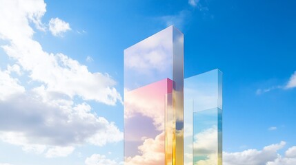 Abstract glass structures reflecting clouds against a vibrant blue sky