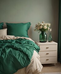 Emerald green bedding, beige nightstand, stylish vase with flowers ,  comfort,  home styling