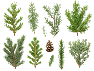 Exploring pine and cedar varieties in forest botanical art. Isolated on transparent background, png.