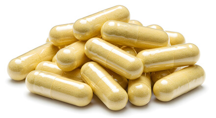 Close Up of Pile Yellow Translucent Capsules Stacked on White Background for Medical Supplements and Healthcare