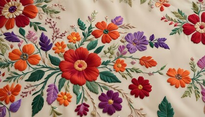 Exquisite embroidery design showcasing colorful flowers, creating an elegant and detailed art piece.