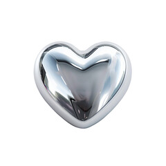 Polished chrome heart shape, reflective surface, centered on white background, minimal 3D element