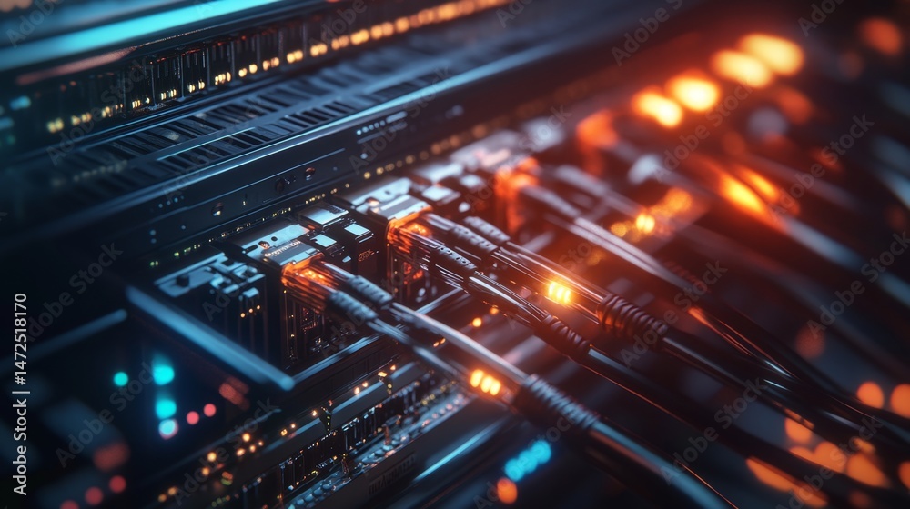 Poster data center operations server room digital infrastructure high-tech environment close-up view networ