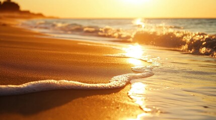 Serene Sunset Over Gentle Waves with Golden Sand and Reflection