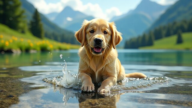Golden Retriever Puppy Splashing In Lake Water