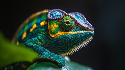 Fototapeta premium Chameleon in natural habitat tropical forest wildlife photography close-up vivid colors nature exploration