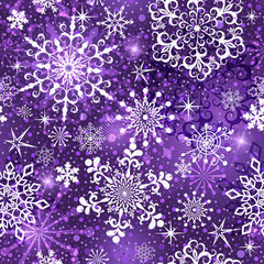 Vector seamless winter dark violet pattern with doodle snowflakes and gradient spots. For textile, wallpaper and packaging