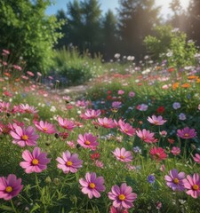 Vibrant cosmos flowers blooming in a lush garden ,  purple,  bloom