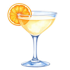 A cocktail glass filled with a light-colored drink and garnished with a slice of orange