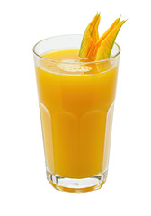 Refreshing orange juice in a glass, garnished with a slice of fruit, on a black background
