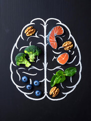 Brain-Shaped Arrangement of Nutritious Foods: Salmon, Berries, Nuts, and Greens