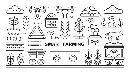 This black and white line art graphic displays a collection of icons representing various aspects of smart farming