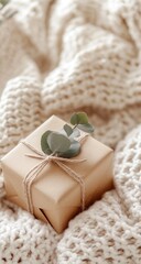 A cozy gift nestled in a soft knit blanket.  Small, square, kraft paper wrapped gift with twine and eucalyptus sprig