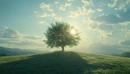 Solitary tree atop a grassy hill bathed in sunlight