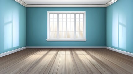 Empty Room Interior Design Teal Walls Wood Floor Large Window Sunlight