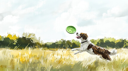 Brown and white dog jumping to catch a green frisbee in a field  