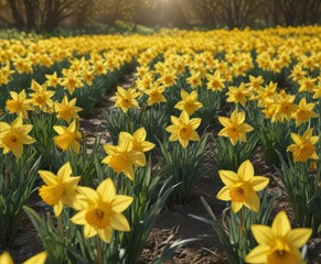 Fototapeta premium Sunlit field of vibrant yellow daffodils in full bloom , flowers, sunlight