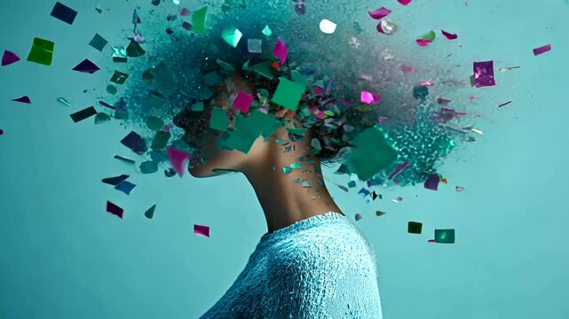 Woman in profile, her hair a vibrant explosion of confetti and glitter on a teal background
