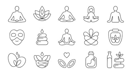 Naklejka premium This set features minimalist line art icons representing various wellness and spa-related concepts