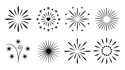 This image features nine stylized firework icons in a simple black and white design