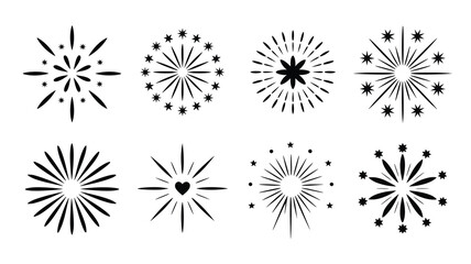 A set of nine black and white fireworks icons, designed in a simple, elegant style