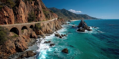 Historic coastal bridge on Highway 101 curving beside the Pacific Ocean, with rugged cliffs and crashing waves under a blue sky, showcasing scenic coastal infrastructure.