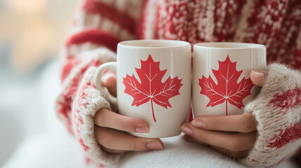 Hands holding Canada mugs in cozy sweaters indoors