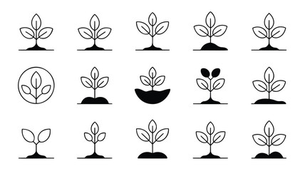 This set features various stages of plant growth, depicted as simple, clean line art illustrations