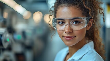 Portrait of a young woman in protective eyewear in a manufacturing environment