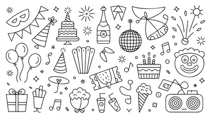 This black and white line art graphic features a collection of party-themed icons