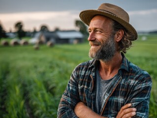 A smiling farmer standing confidently in a green field under clear skies, embodying pride and dedication in agricultural work.