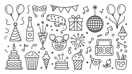 This image features a collection of black line art party icons