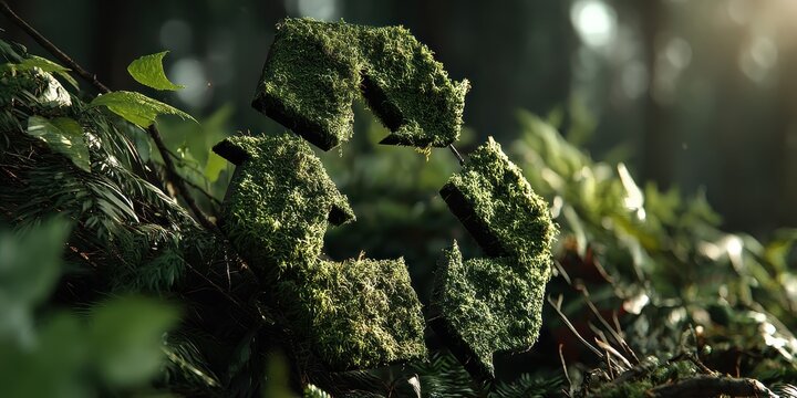 A vivid recycling icon placed in a lush green forest with sunlight filtering through leaves, symbolizing sustainability and environmental care.