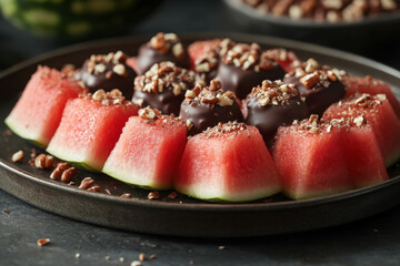 Plate of watermelon topped with chocolate & nuts.