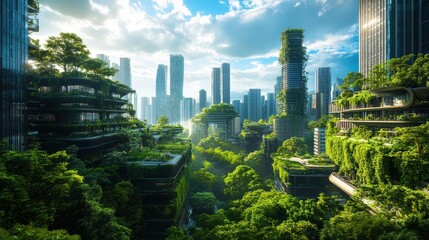 Obraz premium Futuristic City Overgrown with Lush Greenery Under a Partly Cloudy Sky