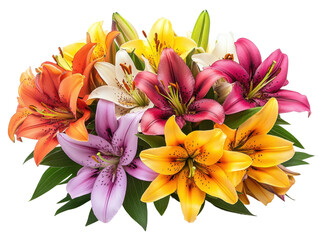 Fototapeta premium Vibrant lily flower bouquet arrangement indoor floral photography. Isolated on transparent background, png.