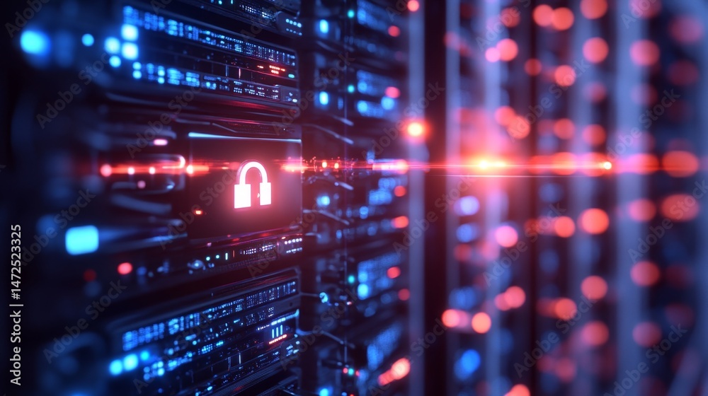 Poster data security event server room digital technology high-tech environment close-up view cybersecurity