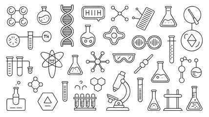Obraz premium This image features a collection of simple, black line art icons representing various scientific and laboratory equipment, including beakers, test tubes, DNA, microscopes, and more