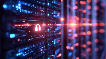 Fototapeta premium Data security event server room digital technology high-tech environment close-up view cybersecurity concept