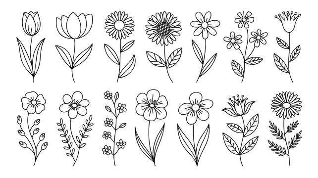 A collection of twelve stylized flower and plant illustrations in a simple black line art style