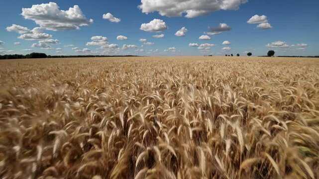 Ripening wheat swirling under blue sky, drifting white clouds sweeping across golden farmland, revealing peaceful agricultural scenery with gentle breeze