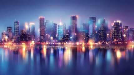 Fototapeta premium Vibrant City Skyline at Night with Reflections on Water Surface