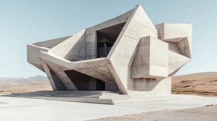 Modern building with geometric concrete design. Simple, white structure in the Middle East.
