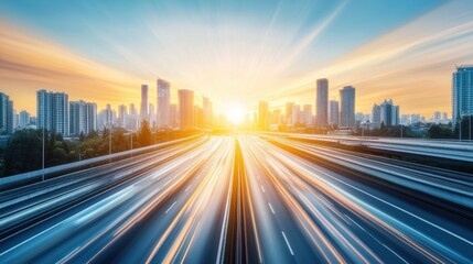 Fototapeta premium Vibrant Cityscape at Sunset with Dynamic Traffic Flow and Skyline