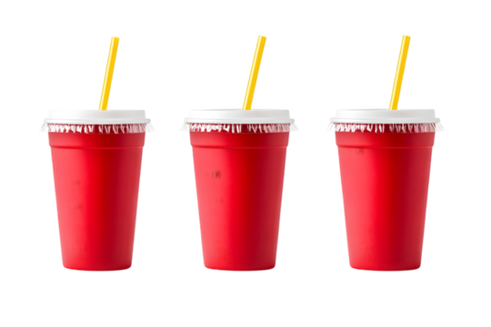 Three red disposable cups with yellow straws on white background