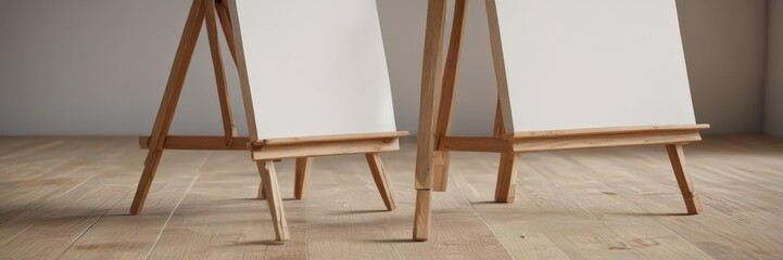 Wooden easel legs firmly supporting a large, blank canvas ,  image,  blank