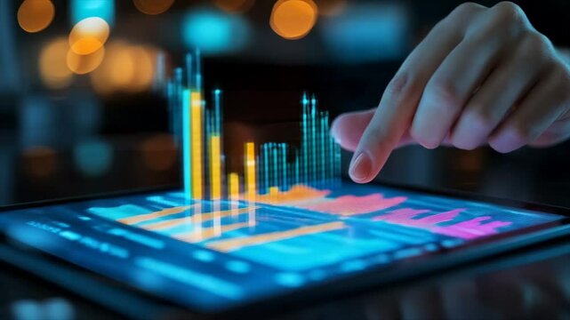 Fingers touching a digital interface with data display