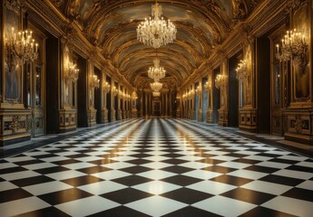 Fototapeta premium Grand Palace Hallway with Gold Accents and Checkered Floor