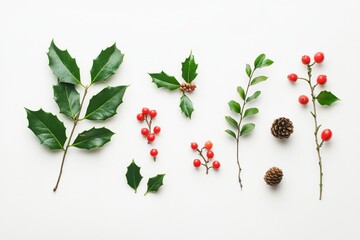 Holly leaves and red berries arranged with pine cones and green stems on white background. Botanical winter holiday nature concept