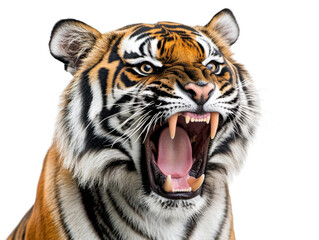 Roaring tiger close-up wildlife photography indoors action shot. Isolated on transparent background, png.